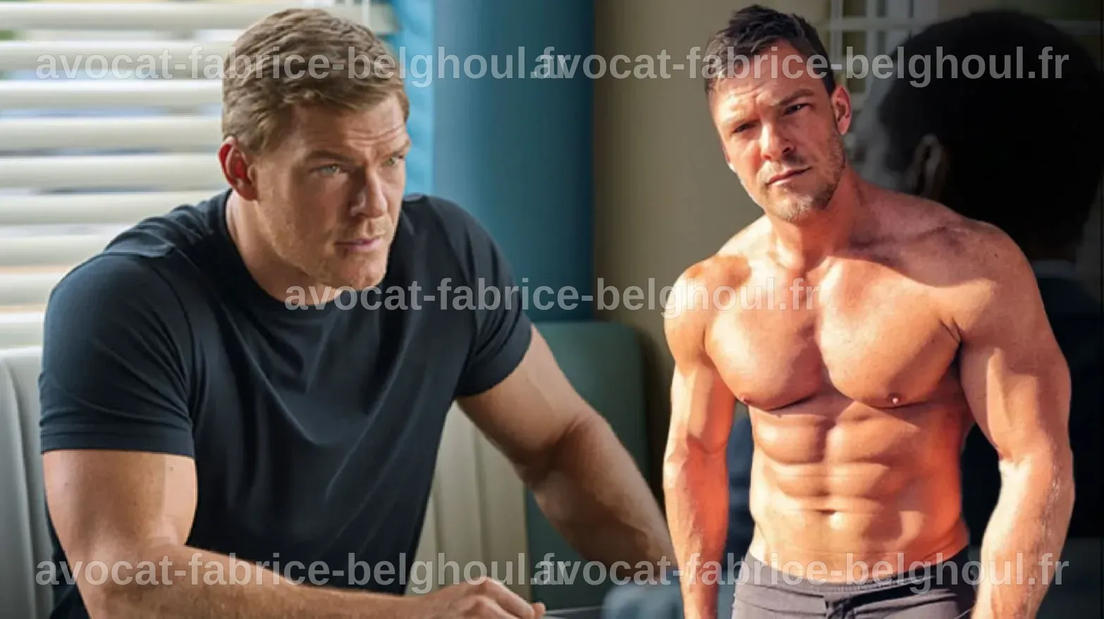 Comparaison avant et après d'Alan Ritchson, illustrant sa transformation musculaire.