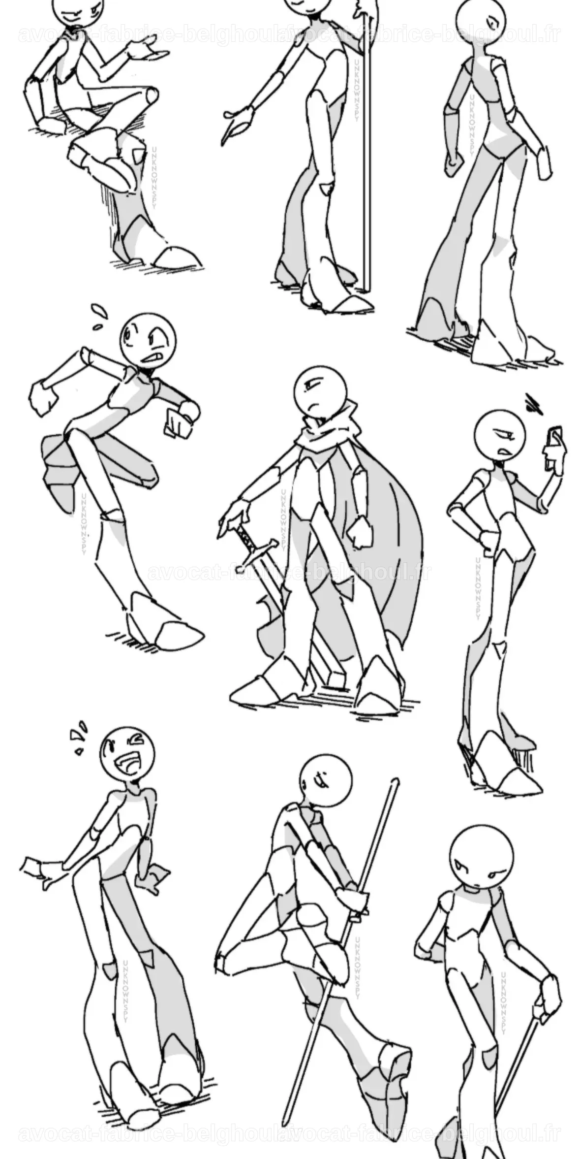Des poses de bonhommes bâtons dynamiques, montrant différentes postures de corps.